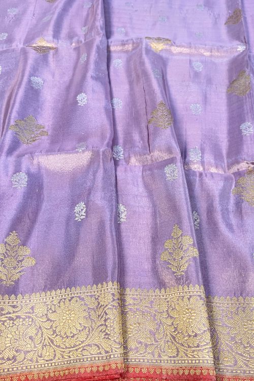 Purple Banarasi Kora Tissue Silk Saree with Red Selvedge and Golden-Silver Zari – Handwoven Pure Silk