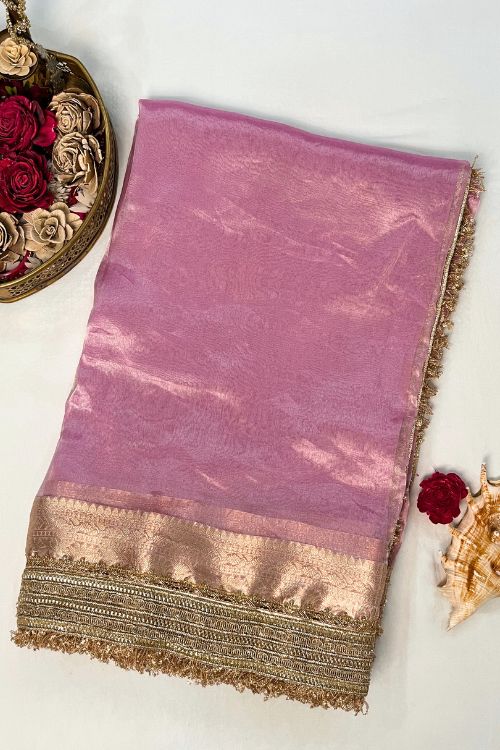 Baby Pink Banarasi Tissue Silk Saree with Gotta Patti Border and Brocade Blouse