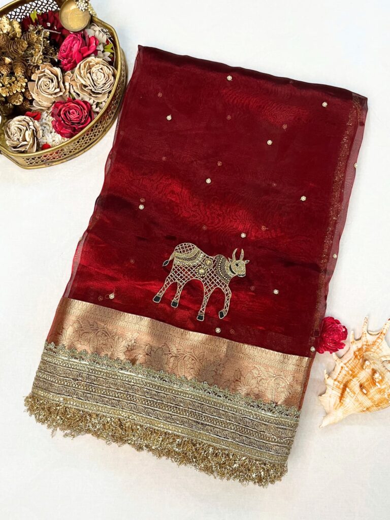 Hand Embroidered Maroon Banarasi Tissue Silk Saree with Nandi Buta, Gota Patti Border, Brocade Aachal, and Unstitched Brocade Blouse