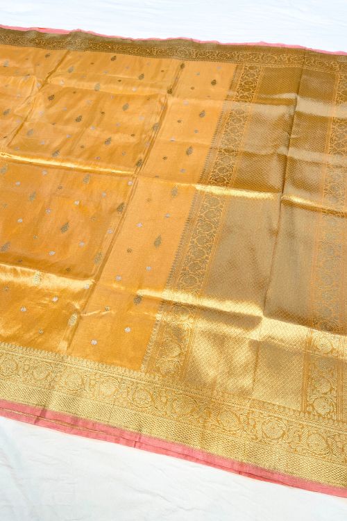 Orange Banarasi Kora Tissue Silk Saree with Pink Selvedge and Golden Zari – Handwoven Pure Silk