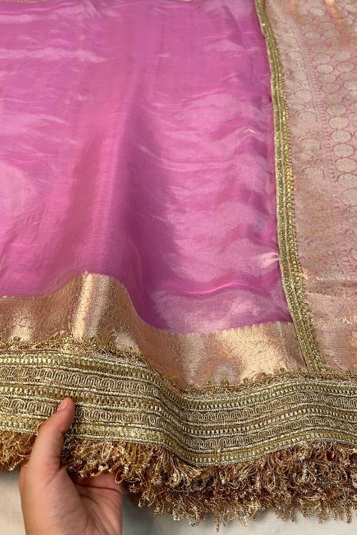 Baby Pink Banarasi Tissue Silk Saree with Gotta Patti Border and Brocade Blouse