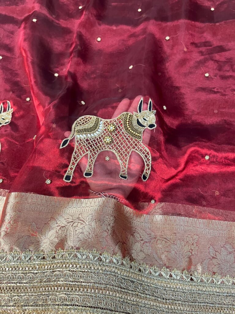 Hand Embroidered Maroon Banarasi Tissue Silk Saree with Nandi Buta, Gota Patti Border, Brocade Aachal, and Unstitched Brocade Blouse