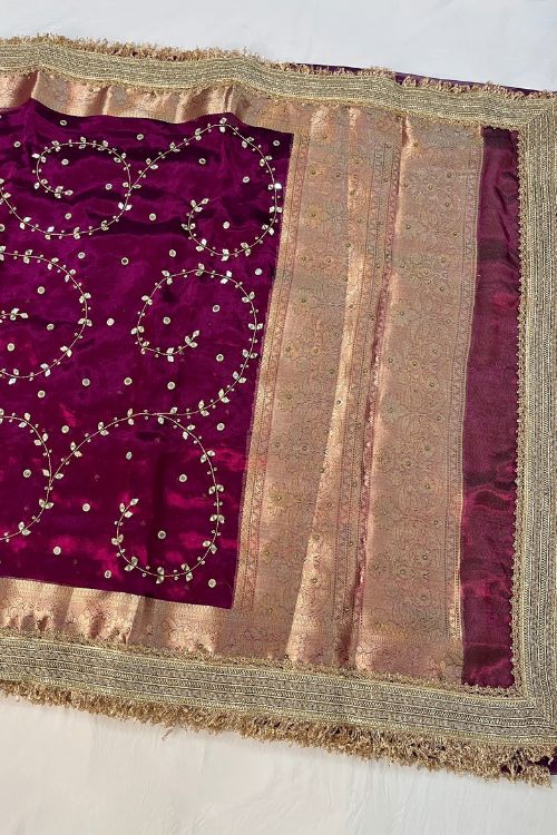Hand Embroidered Wine Jaal Tissue Silk Saree featuring mirror work embroidery and scattered buti design, paired with unstitched wine blouse – elegant ethnic wear for weddings and festive occasions.