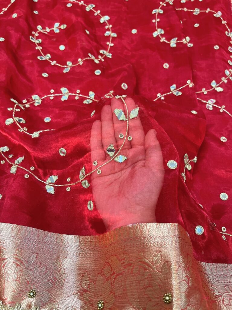 Hand Embroidered Red Tissue Silk Saree with Mirror Jaal and Buti Work