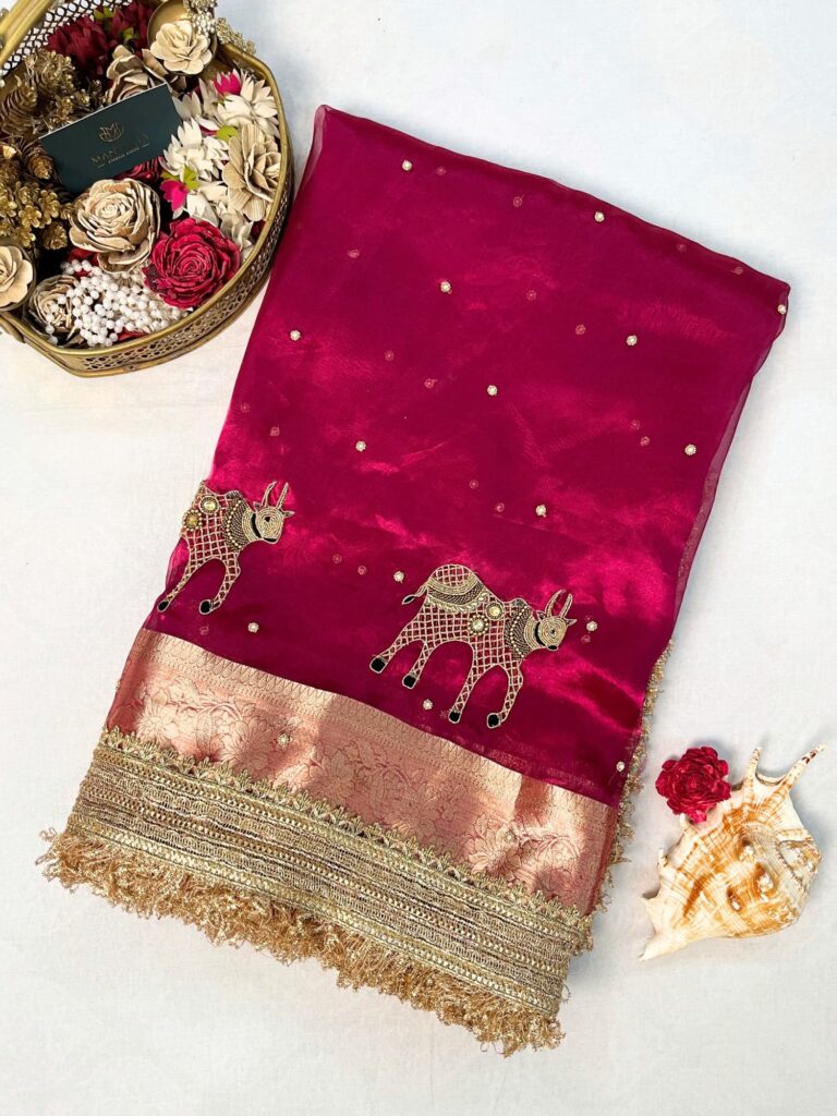 Hand Embroidered Pink Banarasi Tissue Silk Saree with Nandi motifs, gota patti border, brocade aachal, and brocade blouse piece