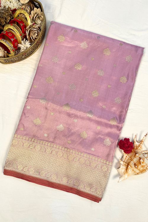Lavender Banarasi Kora Tissue Silk Saree with zari buti and rust selvedge