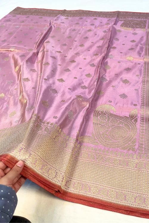 Lavender Banarasi Kora Tissue Silk Saree with zari buti and rust selvedge