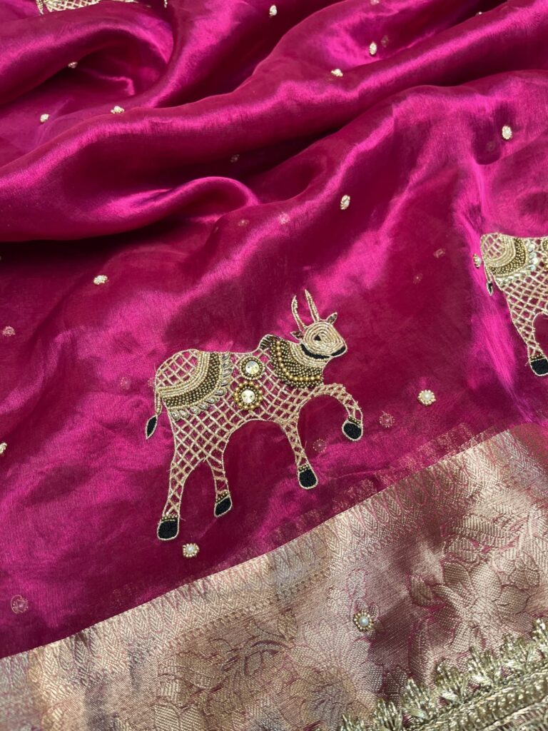 Hand Embroidered Pink Banarasi Tissue Silk Saree with Nandi motifs, gota patti border, brocade aachal, and brocade blouse piece