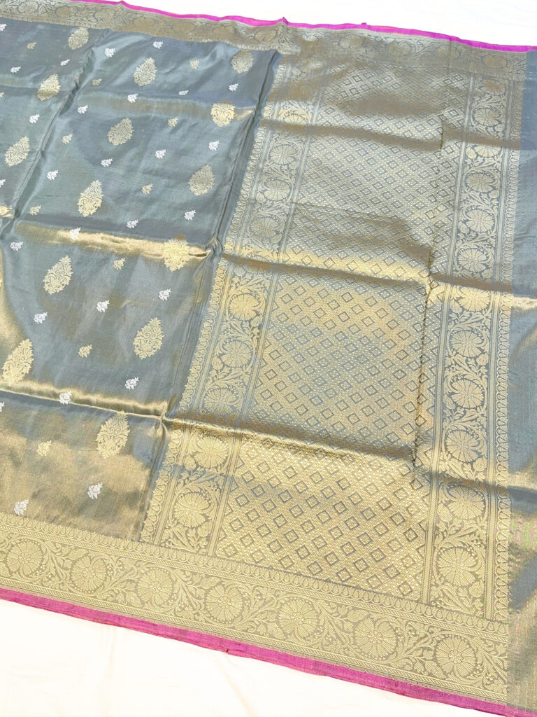 Grey Kora Tissue Silk Banarasi Saree with Gold Silver Zari and Mughal Floral Border – Handwoven in Banaras by Mantavya