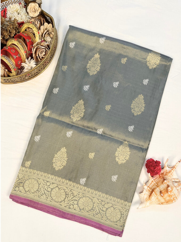 Grey Kora Tissue Silk Banarasi Saree with Gold Silver Zari and Mughal Floral Border – Handwoven in Banaras by Mantavya