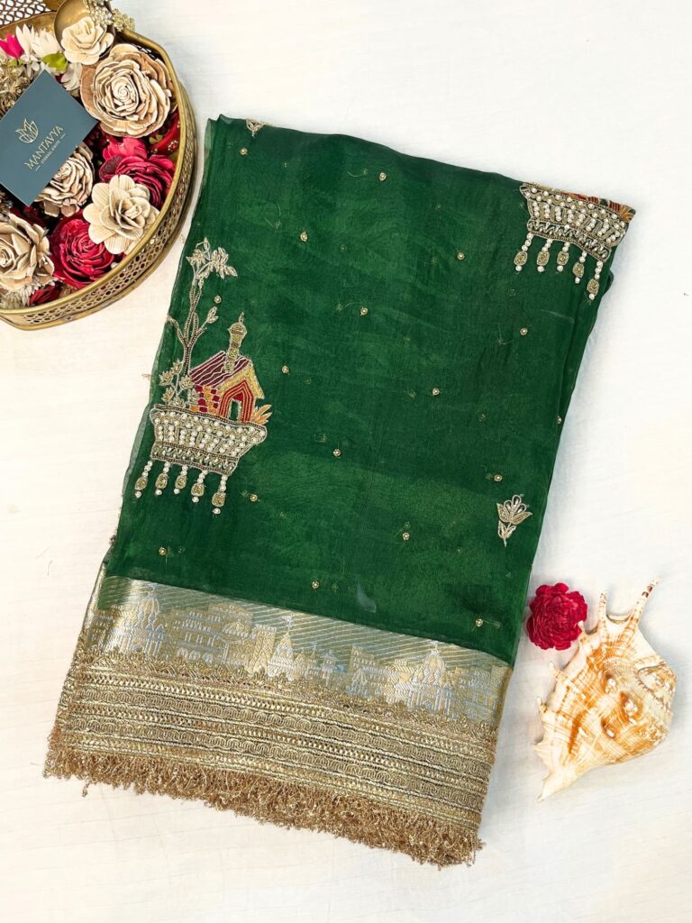 Gharana Emerald Green Hand-Embroidered Banarasi Tissue Silk Saree with Traditional Detailing