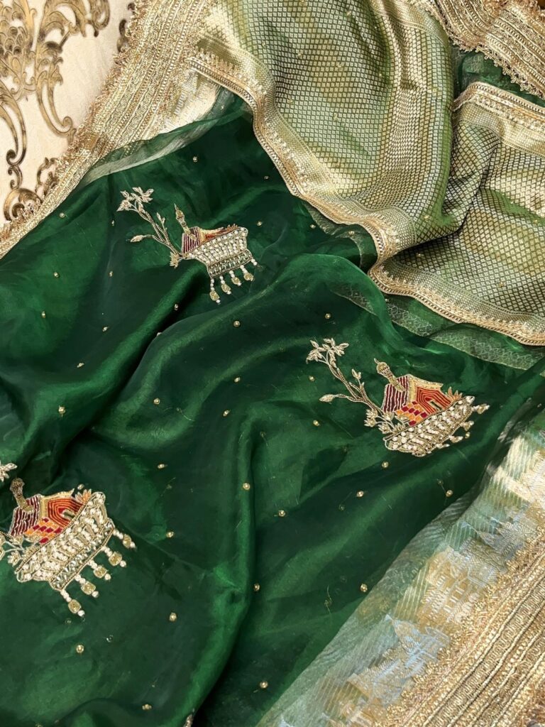 Gharana Emerald Green Hand-Embroidered Banarasi Tissue Silk Saree with Traditional Detailing