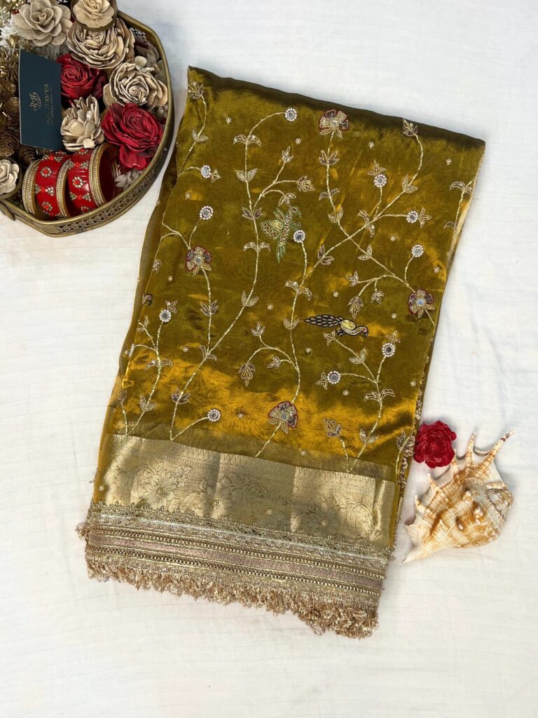 Gulmohar Mehendi green tissue silk saree with hand embroidery, birds and floral work, zari border