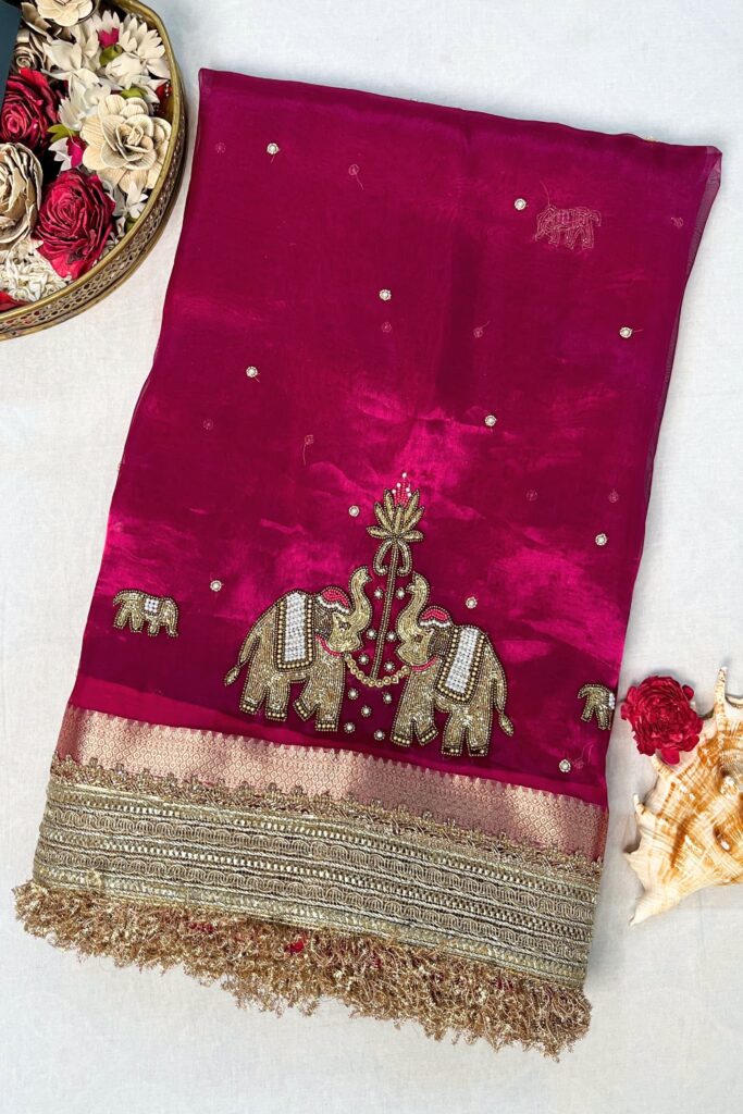 Hand-Embroidered Pink Tissue Silk Saree with Twin Elephant Buta Design