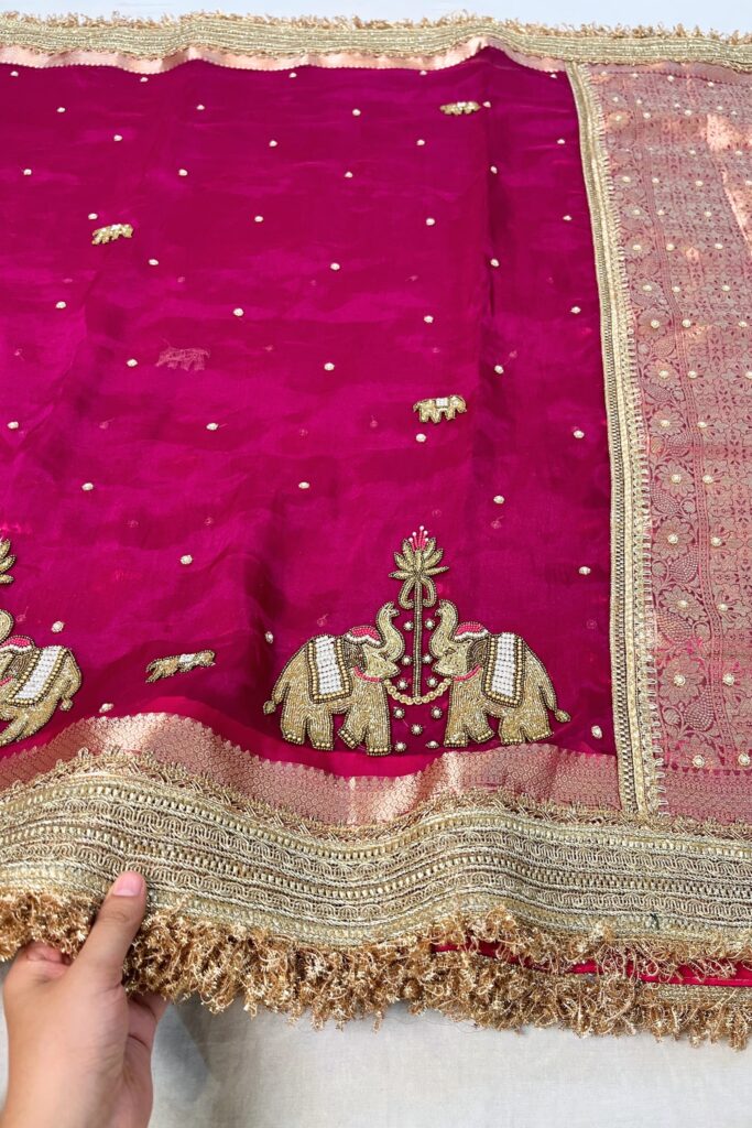 Hand-Embroidered Pink Tissue Silk Saree with Twin Elephant Buta Design