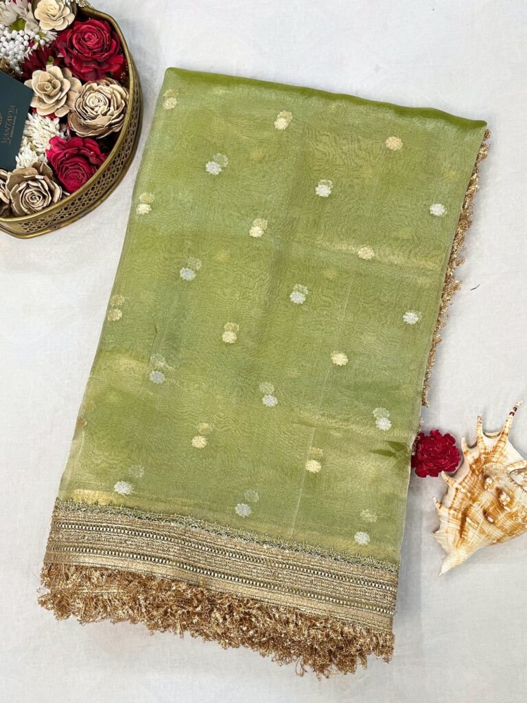 Pista Green Pure Banarasi Tissue Silk Saree with Zari Buti
