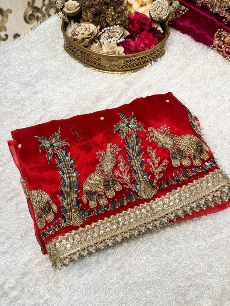 Red Hand-Embroidered Tissue Silk Saree with Traditional Elephant Motifs