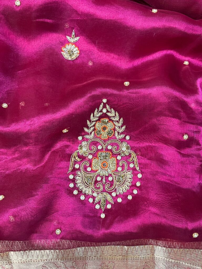 Beautiful Pink Banarasi tissue silk saree with hand embroidery and woven buta