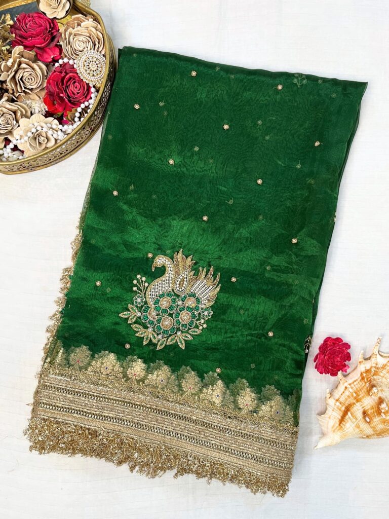 Emerald Green Banarasi Tissue Silk Saree with Swan Motif and Gota Patti Border