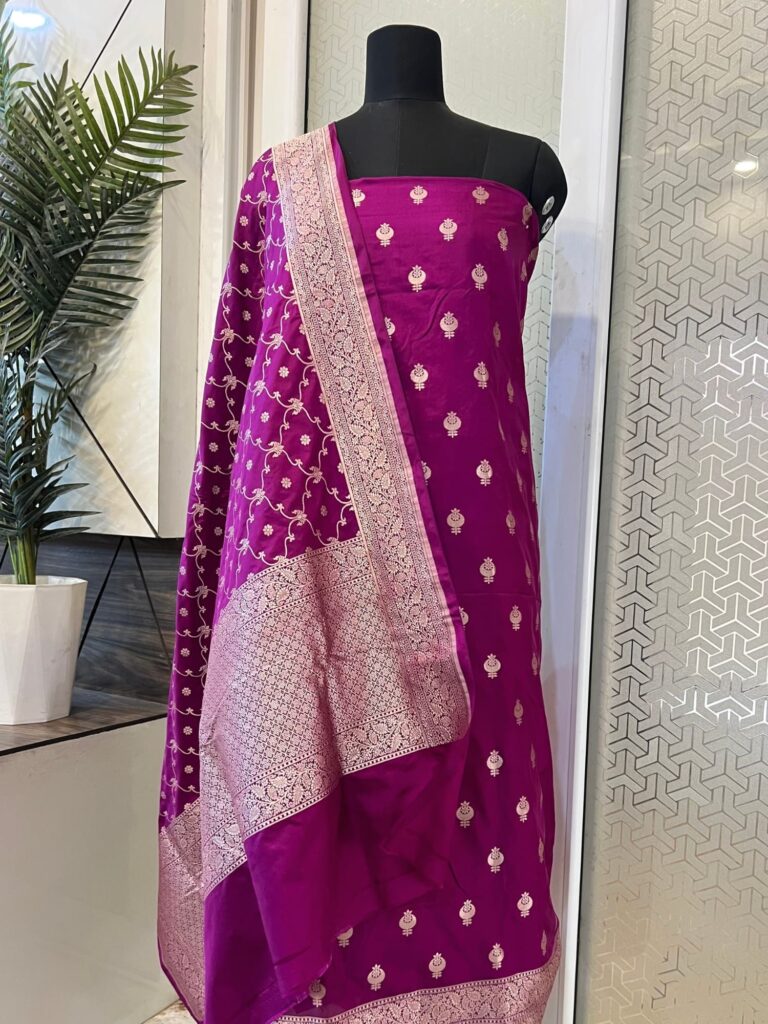 Unstitched Purple Banarasi Katan Silk Suit Set with Zari Buti and Brocade Border