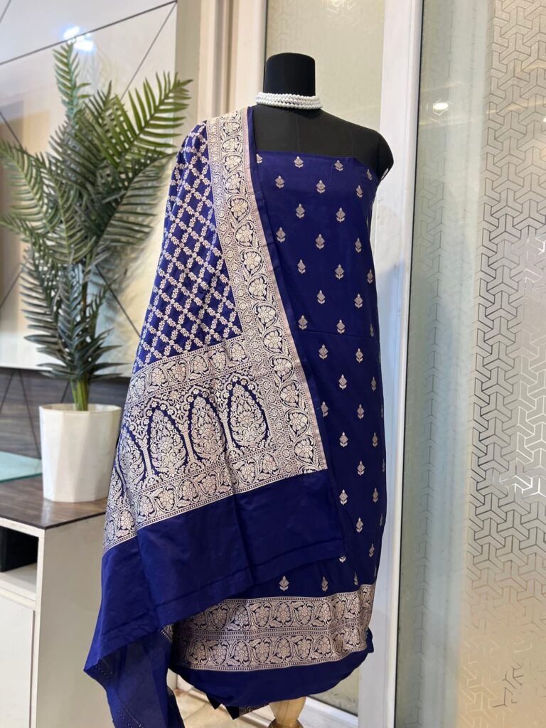 Unstitched Royal Blue Banarasi Katan Silk Suit Set with Zari Buti and Brocade Border