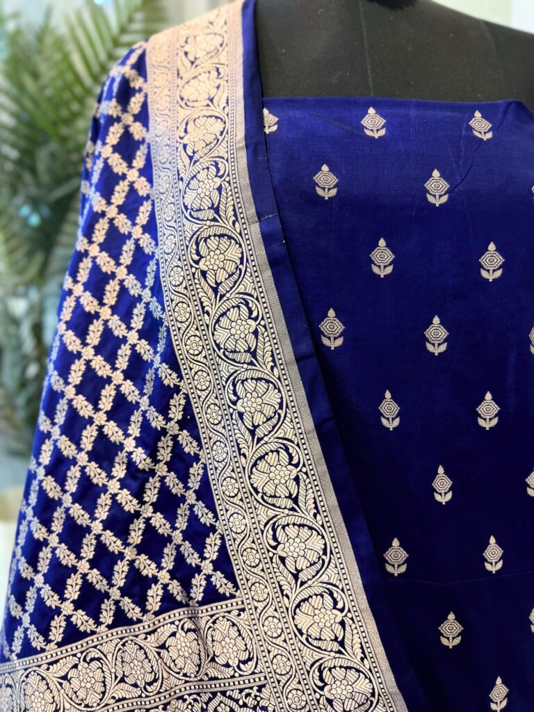 Unstitched Royal Blue Banarasi Katan Silk Suit Set with Zari Buti and Brocade Border