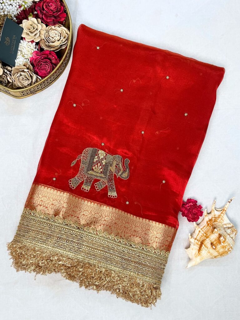 Hand-Embroidered Red Banarasi Tissue Silk Saree with Elephant Motifs and Gold Gota Patti Border, Ideal for Bridal and Festive Wear