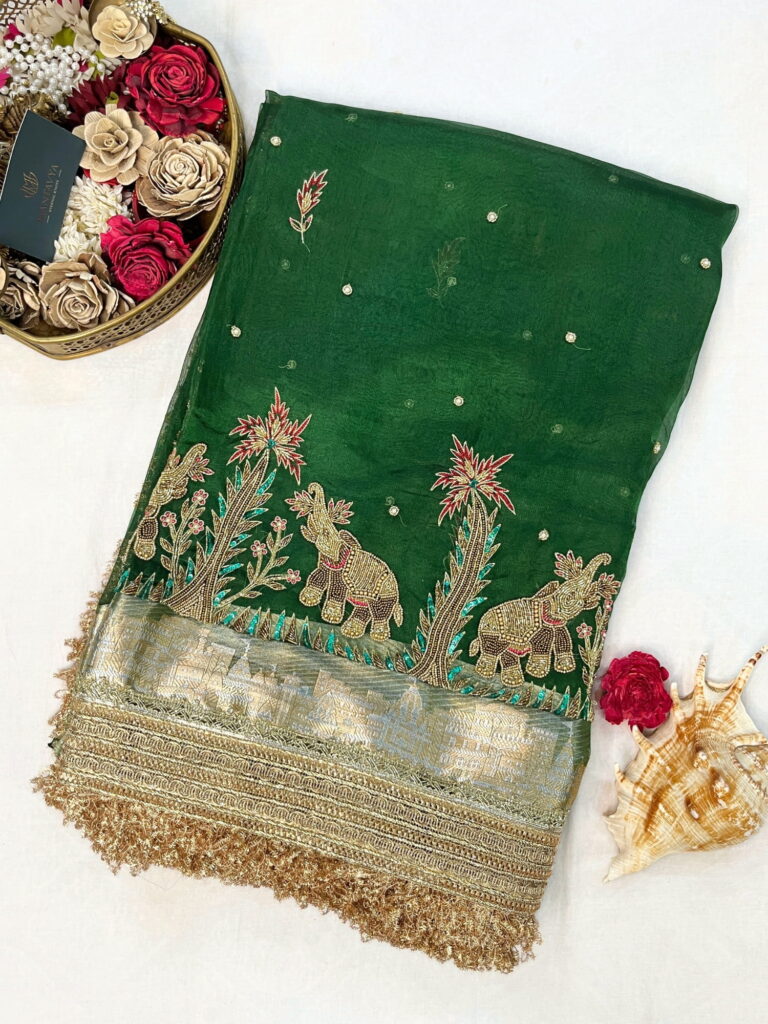 Hand-Embroidered Green Tissue Silk Saree with Twin Elephant Butas